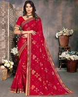 Vishal Prints Dark Red Georgette Saree With Foil Print And Zari Border