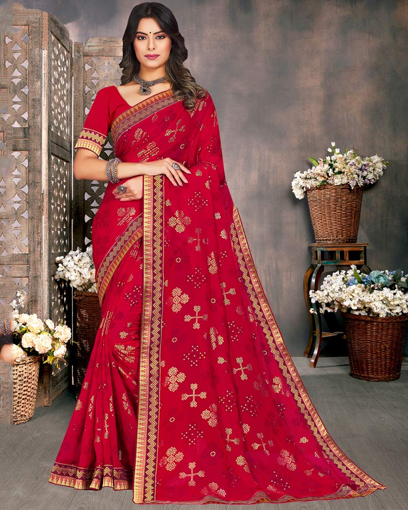 Vishal Prints Dark Red Georgette Saree With Foil Print And Zari Border