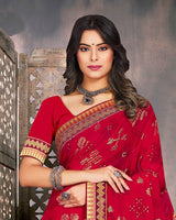 Vishal Prints Dark Red Georgette Saree With Foil Print And Zari Border