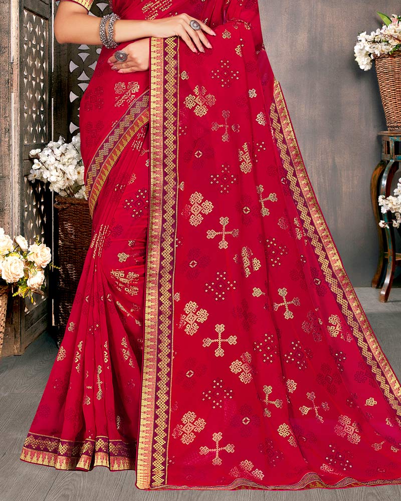 Vishal Prints Dark Red Georgette Saree With Foil Print And Zari Border