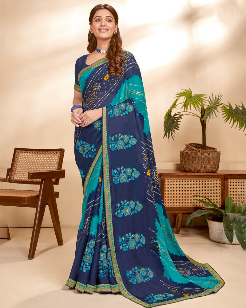 Vishal Prints Dark Turquoise Blue Chiffon Saree With Embroidery Work And Fancy Border