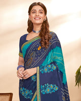 Vishal Prints Dark Turquoise Blue Chiffon Saree With Embroidery Work And Fancy Border