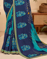 Vishal Prints Dark Turquoise Blue Chiffon Saree With Embroidery Work And Fancy Border