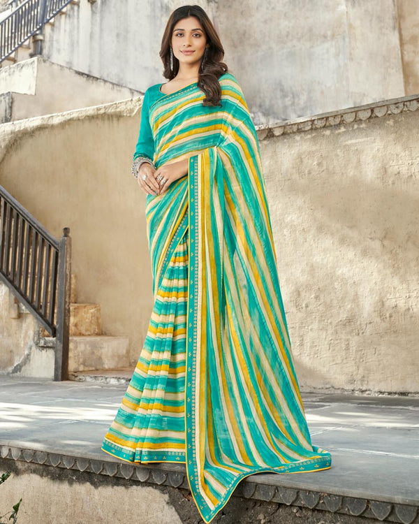 Vishal Prints Teal Blue Printed Georgette Saree With Border