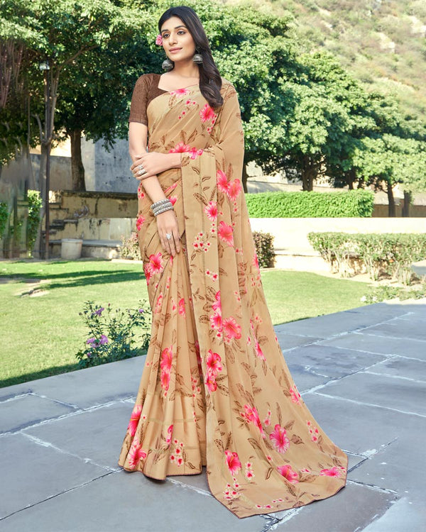 Vishal Prints Sand Brown Printed Georgette Saree With Border