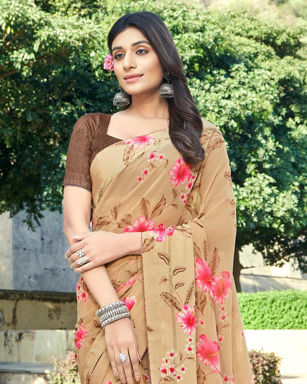 Vishal Prints Sand Brown Printed Georgette Saree With Border