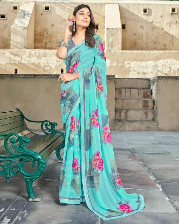 Vishal Prints Turquoise Blue Printed Georgette Saree With Border