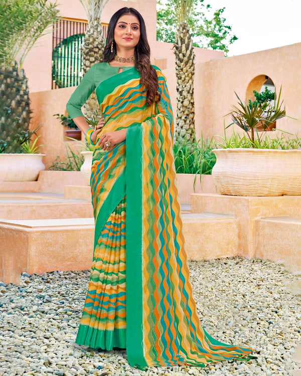 Vishal Prints Teal And Yellow Digital Print Chiffon Saree With Foil Print And Tassel