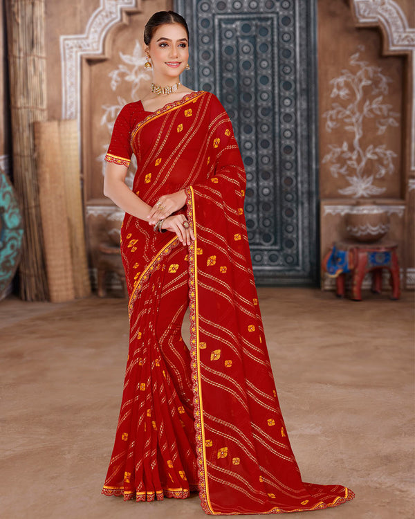 Vishal Prints Dark Red Printed Chiffon Bandhani Print Saree With Foil Print And Cut Work Embroidery Border