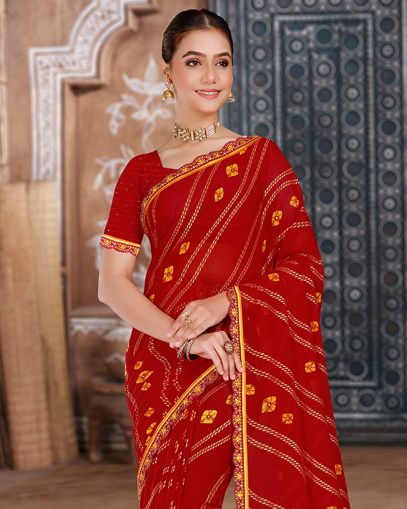 Vishal Prints Dark Red Printed Chiffon Bandhani Print Saree With Foil Print And Cut Work Embroidery Border