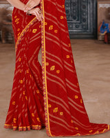 Vishal Prints Dark Red Printed Chiffon Bandhani Print Saree With Foil Print And Cut Work Embroidery Border