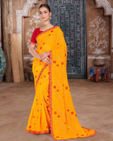 Vishal Prints Dark Yellow Printed Chiffon Bandhani Print Saree With Foil Print And Cut Work Embroidery Border