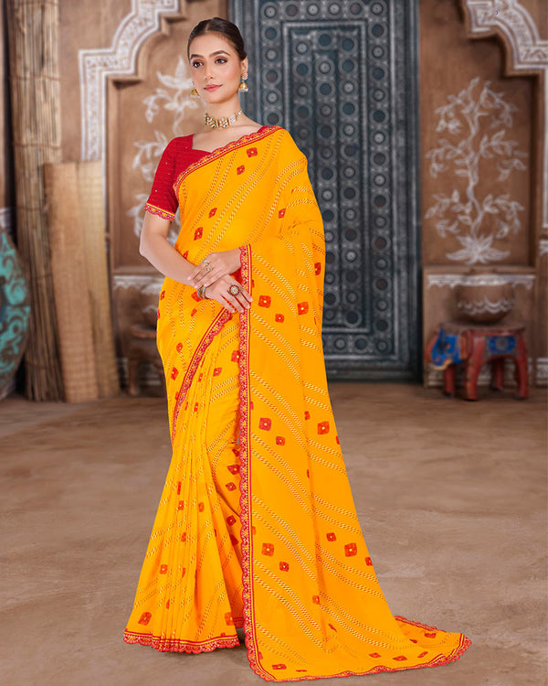 Vishal Prints Dark Yellow Printed Chiffon Bandhani Print Saree With Foil Print And Cut Work Embroidery Border