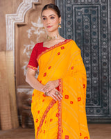 Vishal Prints Dark Yellow Printed Chiffon Bandhani Print Saree With Foil Print And Cut Work Embroidery Border