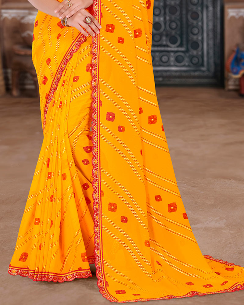 Vishal Prints Dark Yellow Printed Chiffon Bandhani Print Saree With Foil Print And Cut Work Embroidery Border