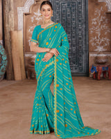 Vishal Prints Teal Blue Printed Chiffon Bandhani Print Saree With Foil Print And Cut Work Embroidery Border