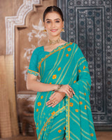 Vishal Prints Teal Blue Printed Chiffon Bandhani Print Saree With Foil Print And Cut Work Embroidery Border