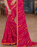 Vishal Prints Monza Pink Printed Chiffon Bandhani Print Saree With Foil Print And Cut Work Embroidery Border