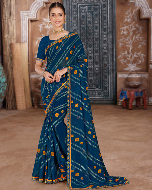 Vishal Prints Navy Blue Printed Chiffon Bandhani Print Saree With Foil Print And Cut Work Embroidery Border