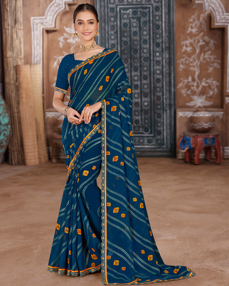 Vishal Prints Navy Blue Printed Chiffon Bandhani Print Saree With Foil Print And Cut Work Embroidery Border