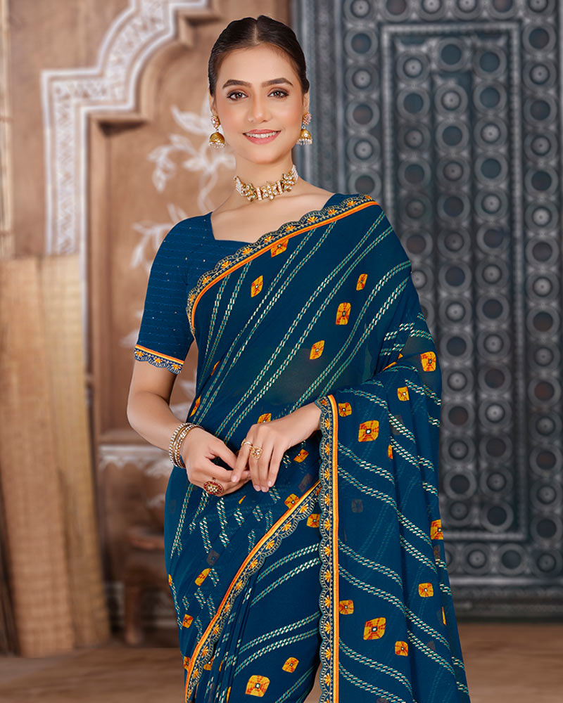 Vishal Prints Navy Blue Printed Chiffon Bandhani Print Saree With Foil Print And Cut Work Embroidery Border