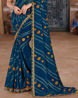 Vishal Prints Navy Blue Printed Chiffon Bandhani Print Saree With Foil Print And Cut Work Embroidery Border