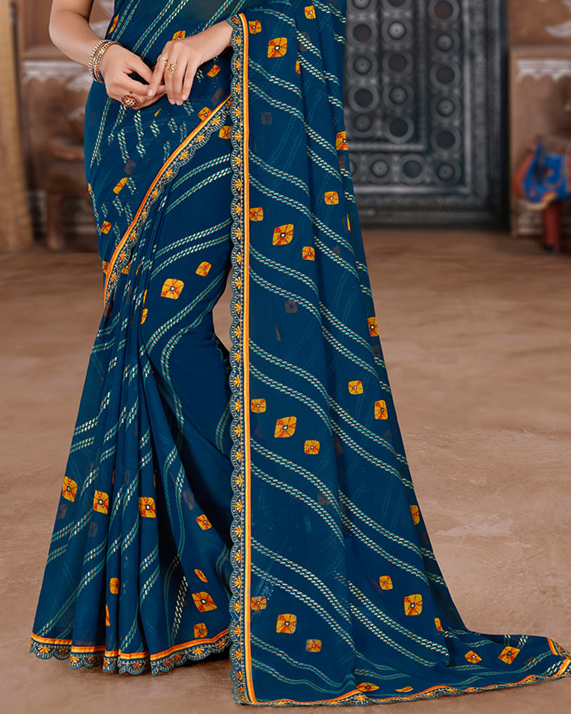 Vishal Prints Navy Blue Printed Chiffon Bandhani Print Saree With Foil Print And Cut Work Embroidery Border