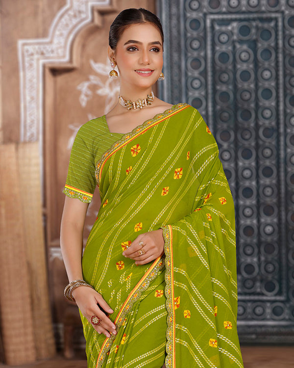 Vishal Prints Olive Green Printed Chiffon Bandhani Print Saree With Foil Print And Cut Work Embroidery Border