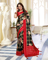 Vishal Prints Black Satin Saree With Foil Print And Tassel