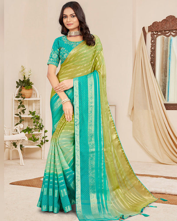 Vishal Prints Light Mehandi Green Designer Georgette Saree With Viscose Lining, Diamond Work And Zari Weaving