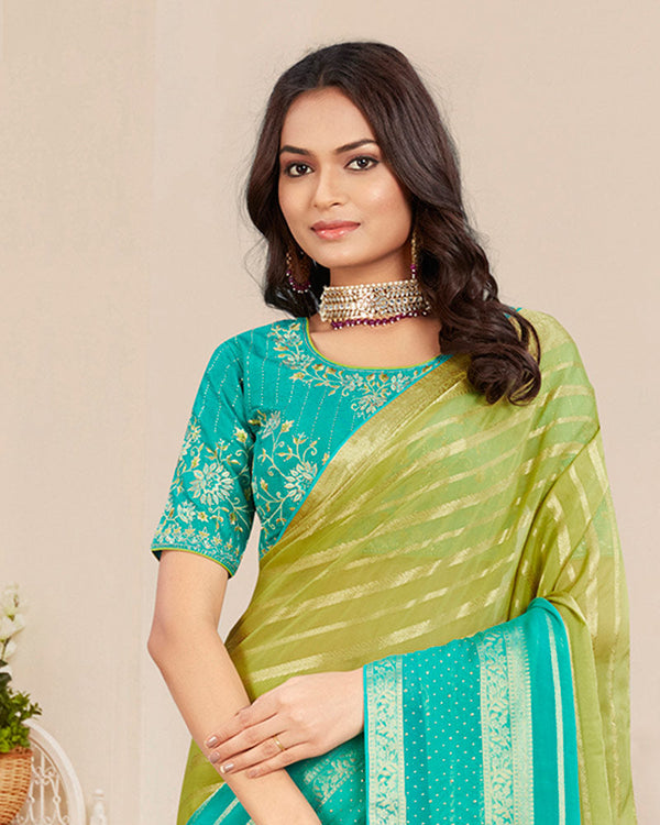 Vishal Prints Light Mehandi Green Designer Georgette Saree With Viscose Lining, Diamond Work And Zari Weaving