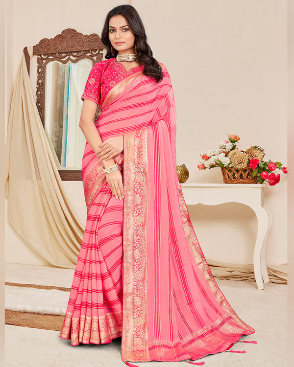 Vishal Prints Rose Pink Designer Georgette Saree With Viscose Lining, Diamond Work And Zari Weaving