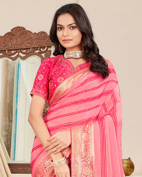 Vishal Prints Rose Pink Designer Georgette Saree With Viscose Lining, Diamond Work And Zari Weaving