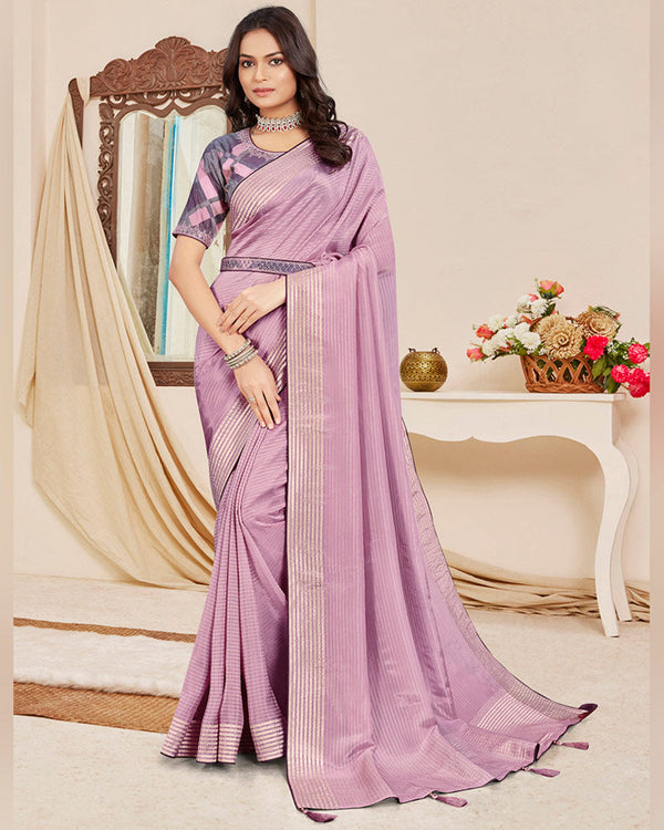 Vishal Prints Pastel Violet Designer Georgette Saree With Viscose Lining, Diamond Work And Zari Weaving