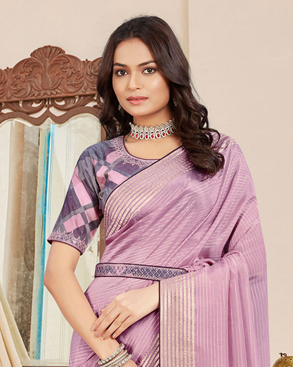 Vishal Prints Pastel Violet Designer Georgette Saree With Viscose Lining, Diamond Work And Zari Weaving