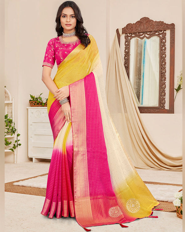 Vishal Prints Hot Pink Designer Georgette Saree With Viscose Lining, Embroidery Work And Zari Weaving