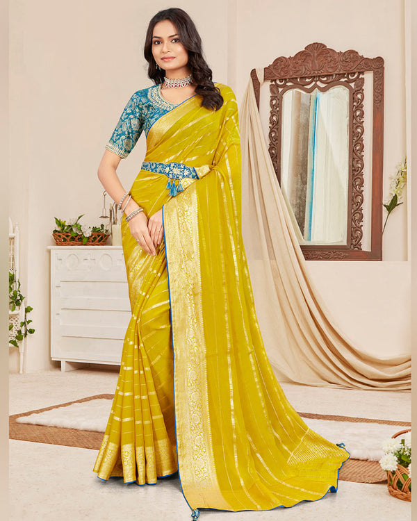 Vishal Prints Olive Yellow Designer Georgette Saree With Viscose Lining, Diamond Work And Zari Weaving