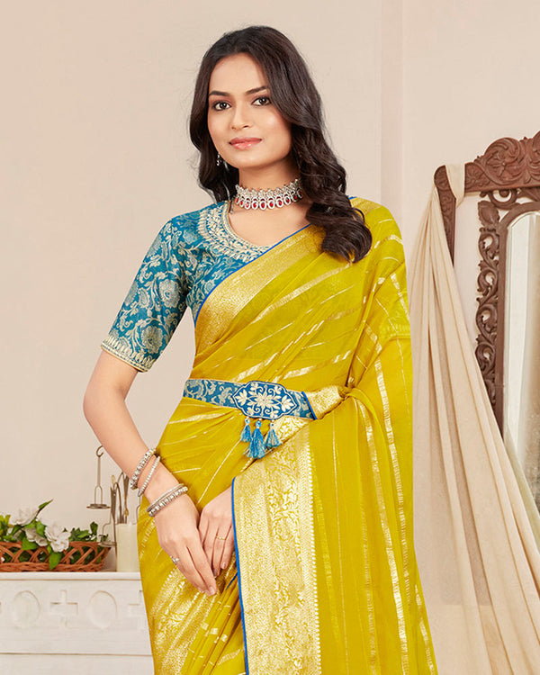 Vishal Prints Olive Yellow Designer Georgette Saree With Viscose Lining, Diamond Work And Zari Weaving