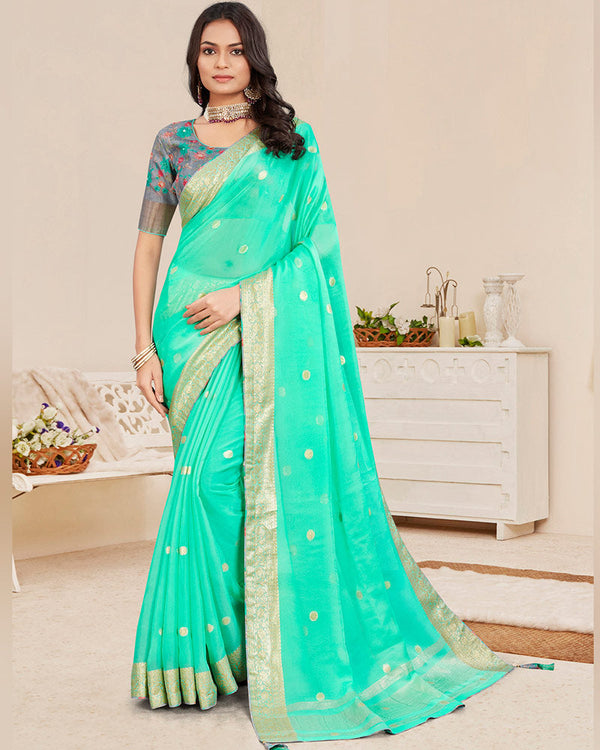 Vishal Prints Light Aqua Green Designer Georgette Saree With Viscose Lining, Foil Work And Zari Weaving