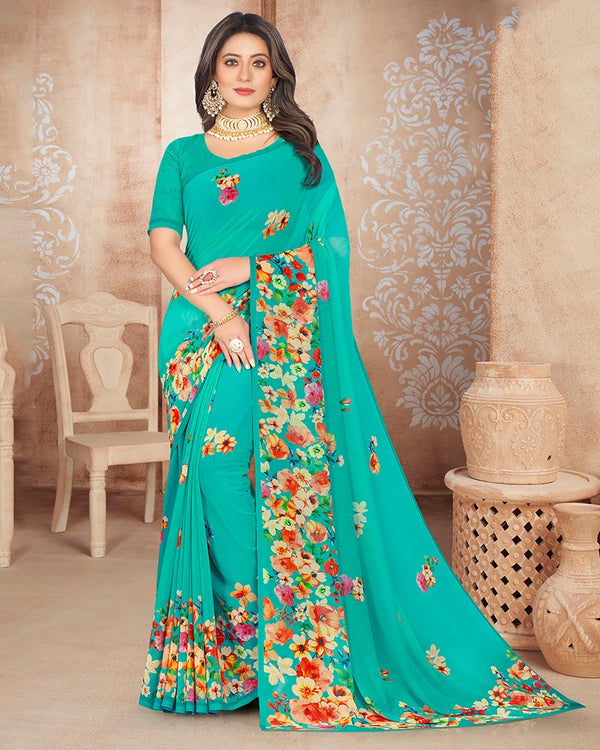 Vishal Prints Teal Blue Digital Print Georgette Saree