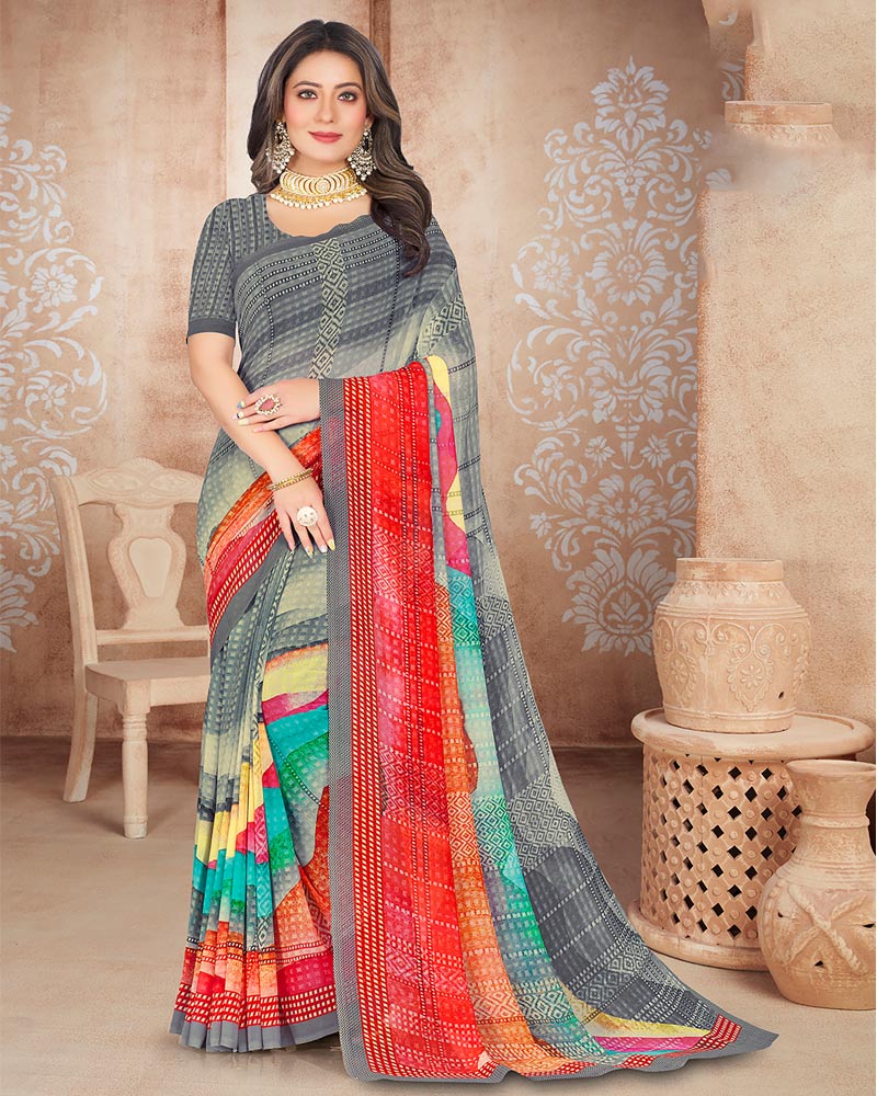 Vishal Prints Dark Grey Digital Print Georgette Saree