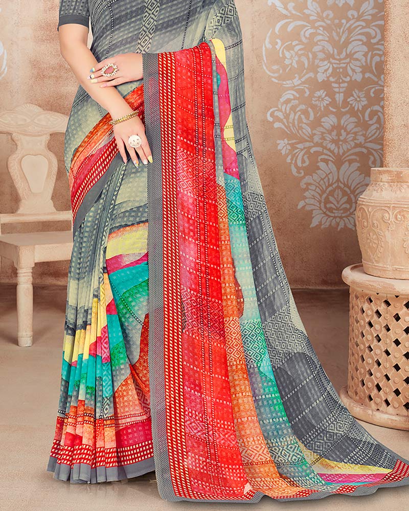 Vishal Prints Dark Grey Digital Print Georgette Saree