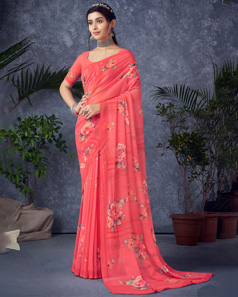 Vishal Prints Pastel Red Digital Print Georgette Saree