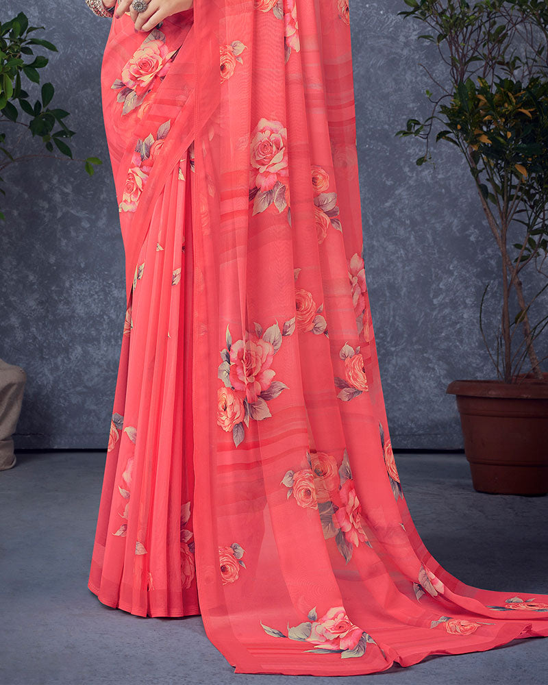 Vishal Prints Pastel Red Digital Print Georgette Saree