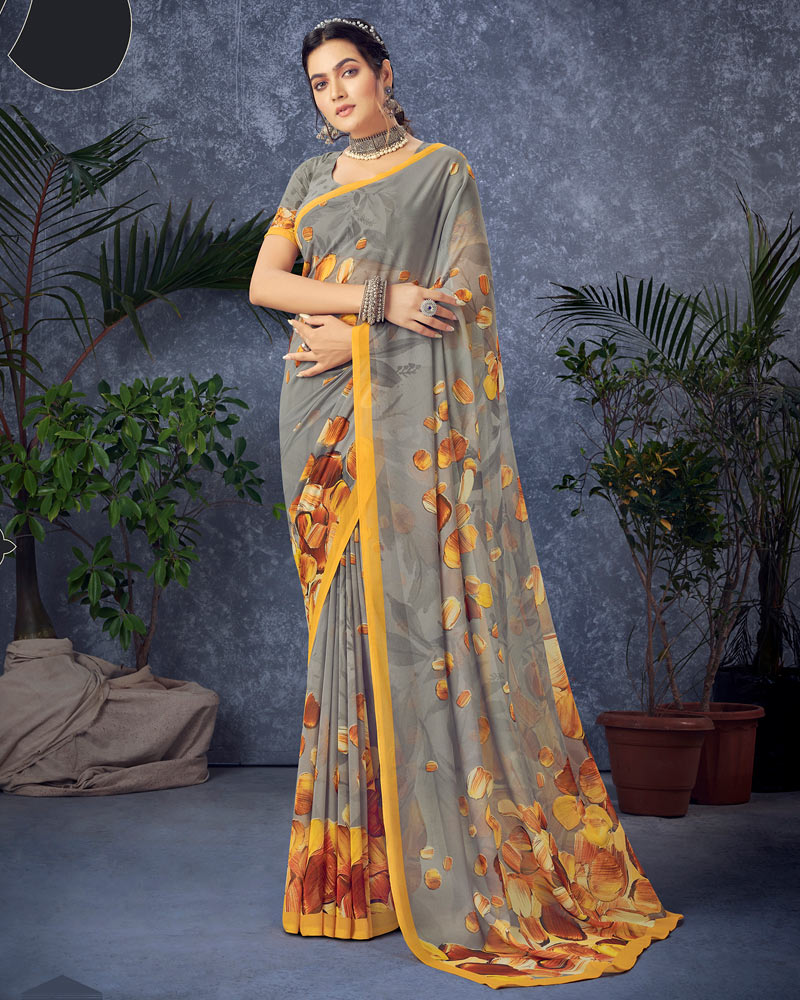 Vishal Prints Grey Digital Print Georgette Saree