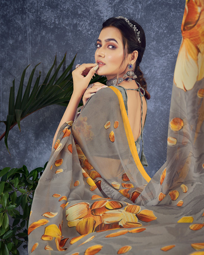 Vishal Prints Grey Digital Print Georgette Saree