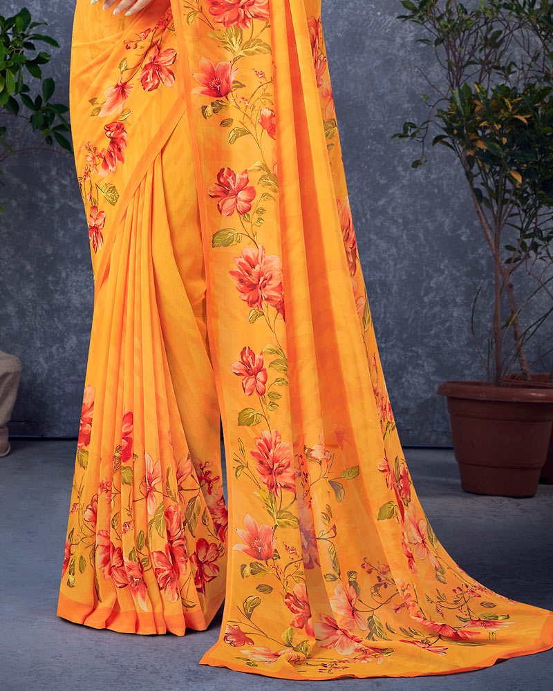 Vishal Prints Orange Digital Print Georgette Saree