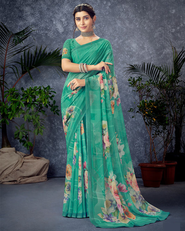 Vishal Prints Aqua Green Digital Print Georgette Saree