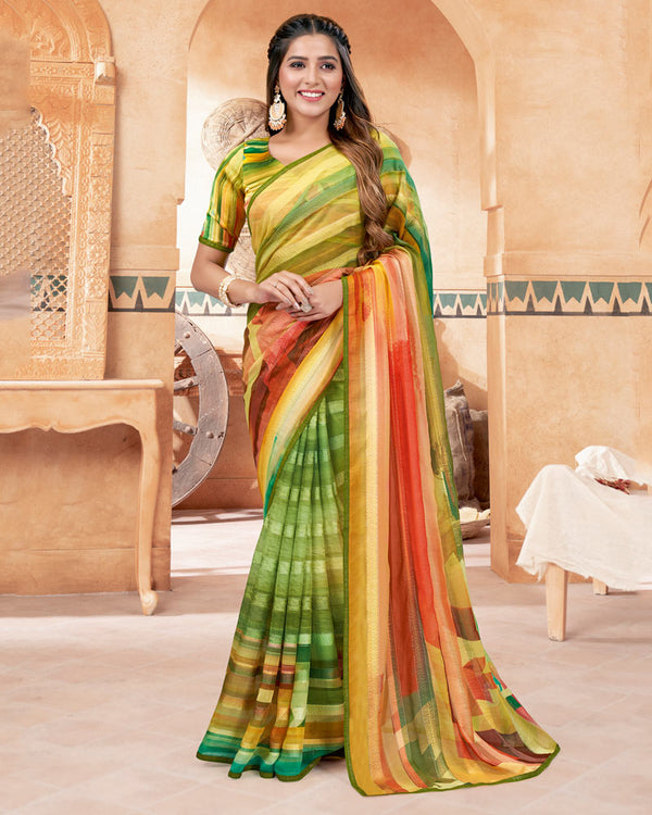 Vishal Prints Multi Green Fancy Chiffon Digital Print Saree With Diamond Work Satin Piping