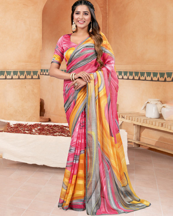 Vishal Prints Dark Pink Fancy Chiffon Digital Print Saree With Diamond Work Satin Piping